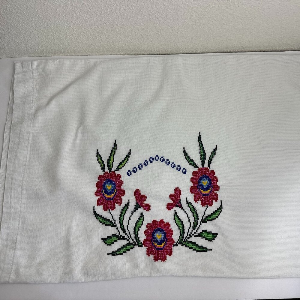 Vintage Pillowcase Hand Embroidered Flowers Cottage Farmhouse Standard Handmade
